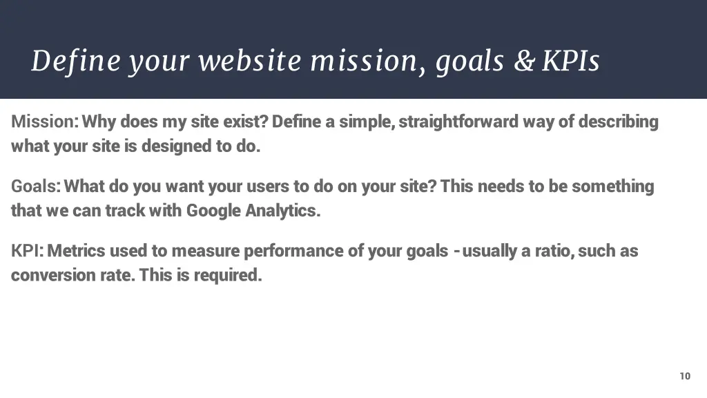 define your website mission goals kpis