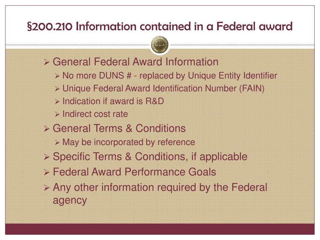 200 210 information contained in a federal award