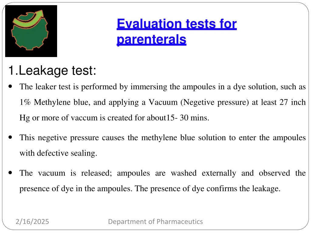 evaluation tests for parenterals