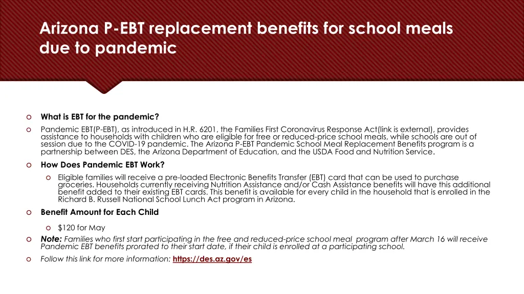 arizona p ebt replacement benefits for school