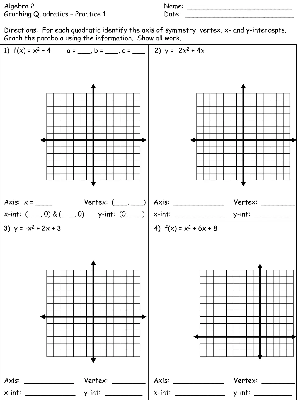 algebra 2 graphing quadratics practice 1