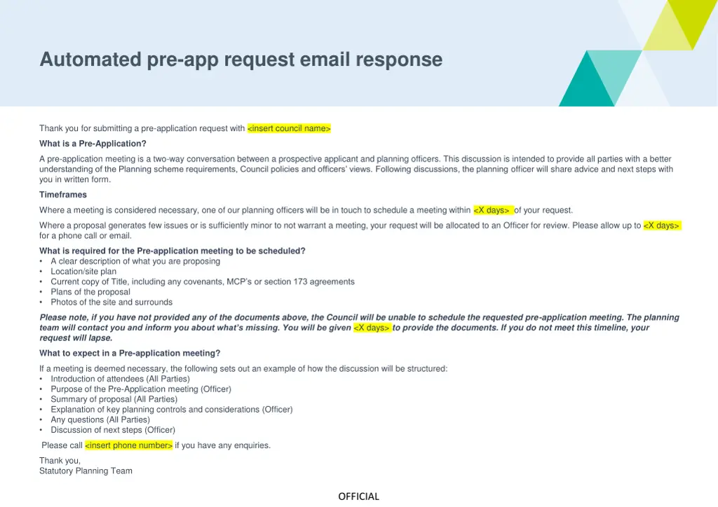 automated pre app request email response