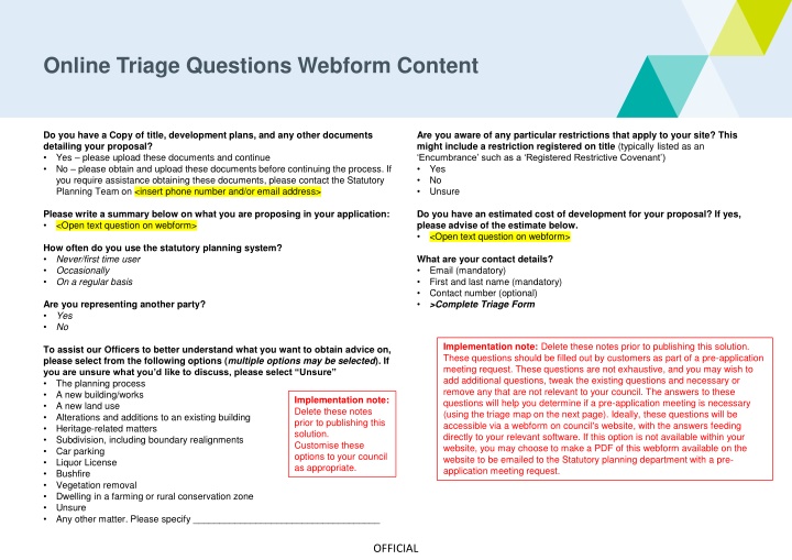online triage questions webform content