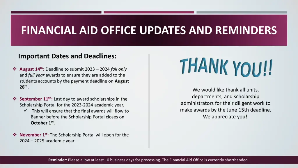 financial aid office updates and reminders