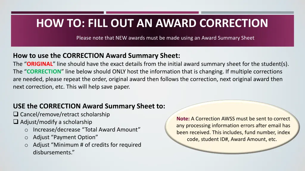 how to fill out an award correction