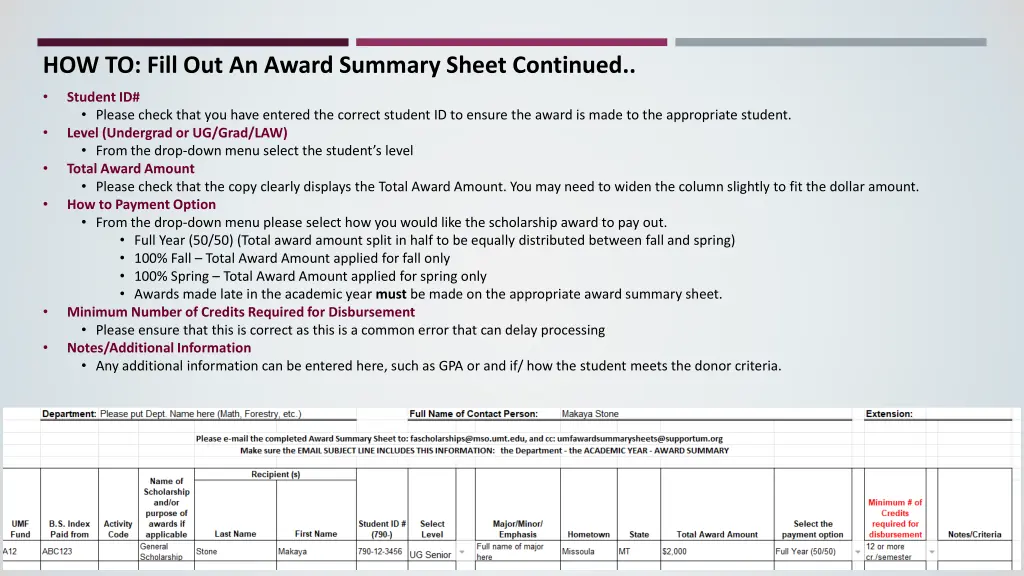 how to fill out an award summary sheet continued