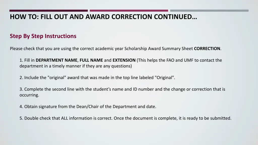 how to fill out and award correction continued