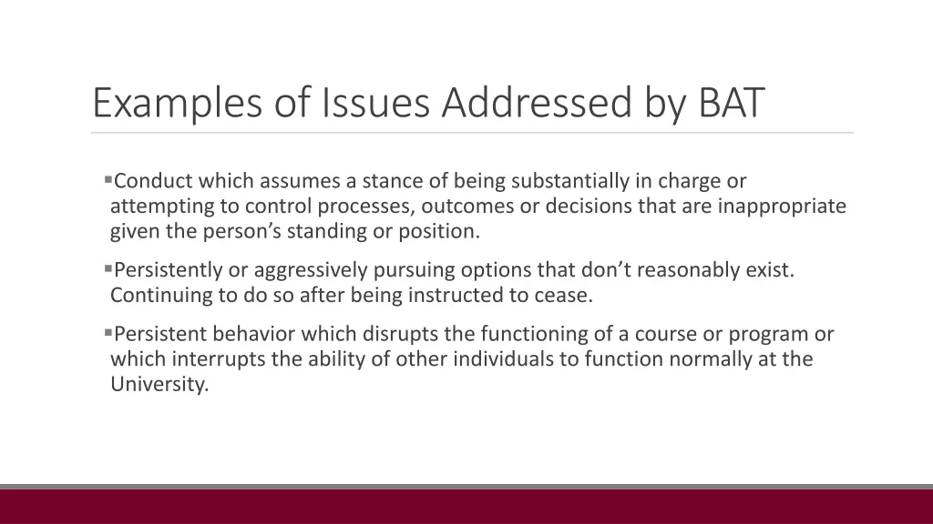 examples of issues addressed by bat