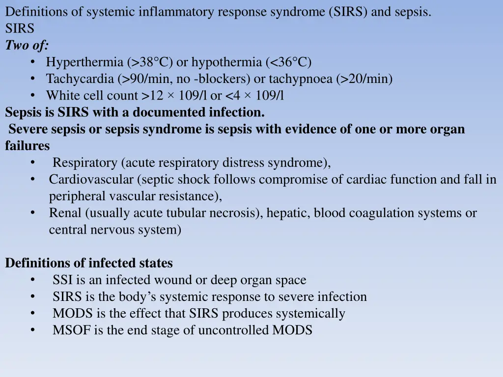 definitions of systemic inflammatory response