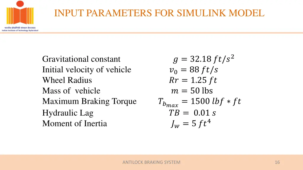 input parameters for simulink model