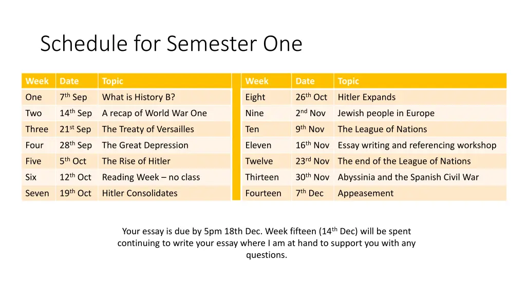 schedule for semester one