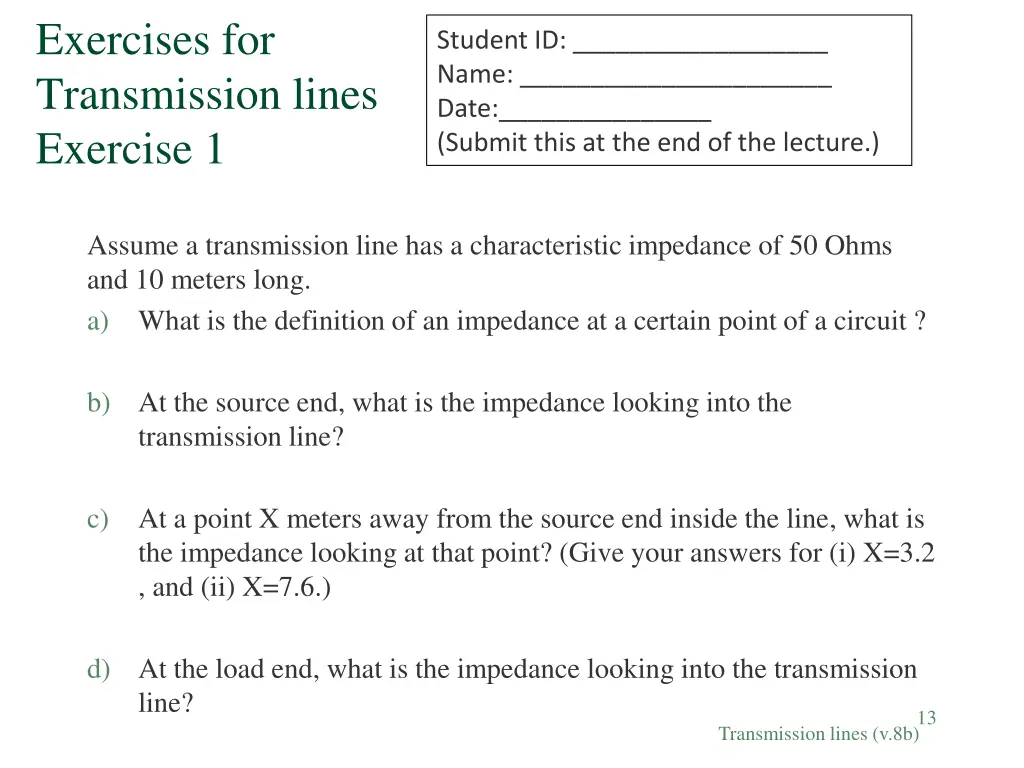 exercises for transmission lines exercise 1
