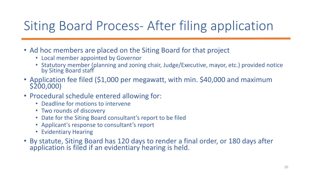 siting board process after filing application