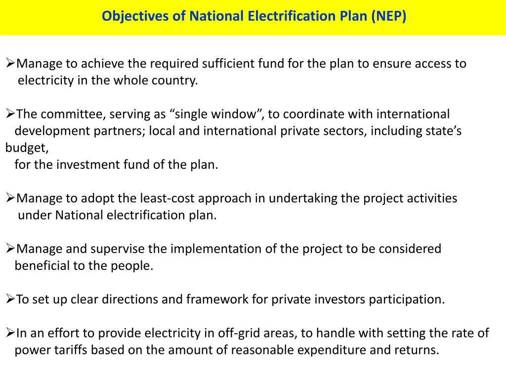 objectives of national electrification plan nep