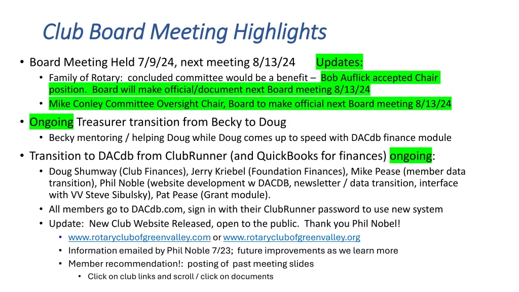 club board meeting highlights club board meeting