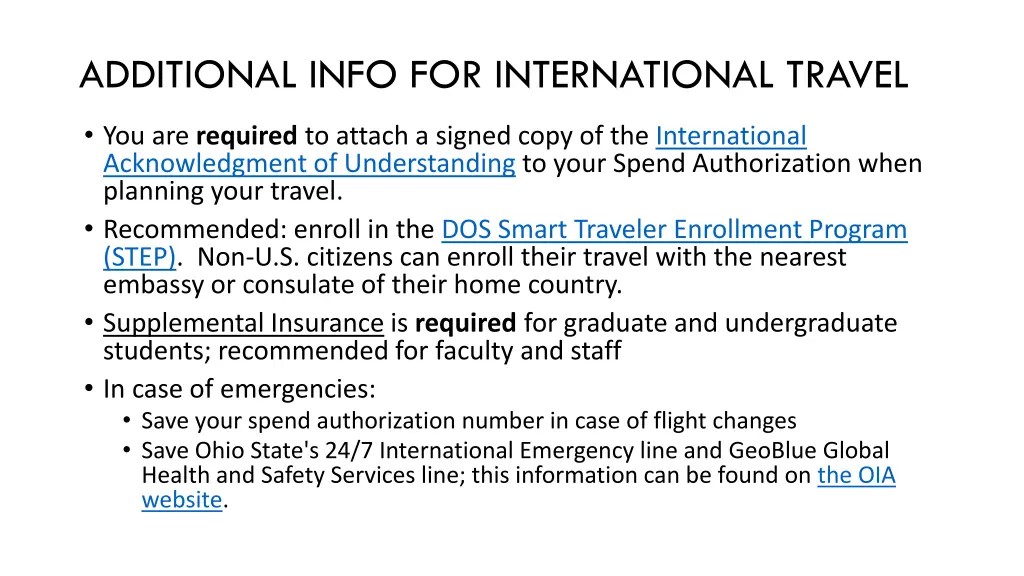 additional info for international travel