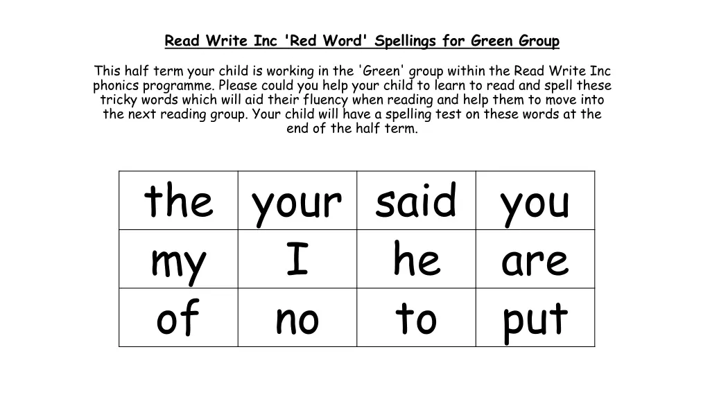 read write inc red word spellings for green group