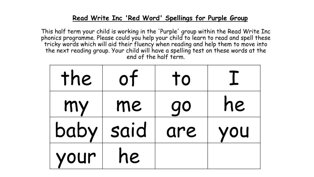 read write inc red word spellings for purple group