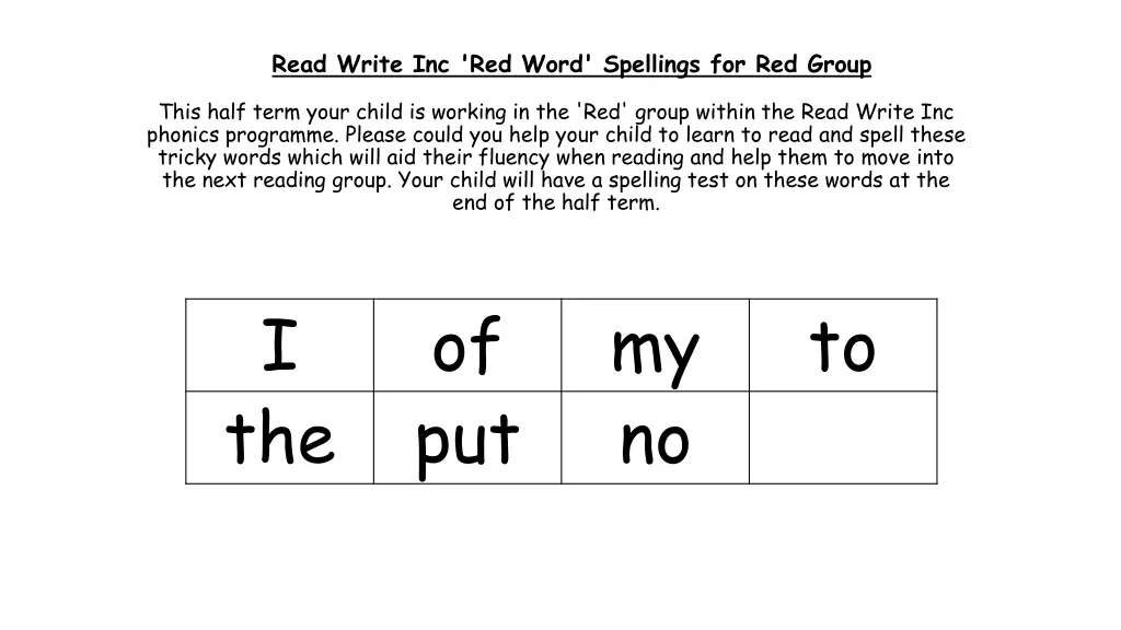 read write inc red word spellings for red group