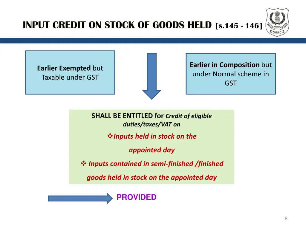input credit on stock of goods held s 145 146