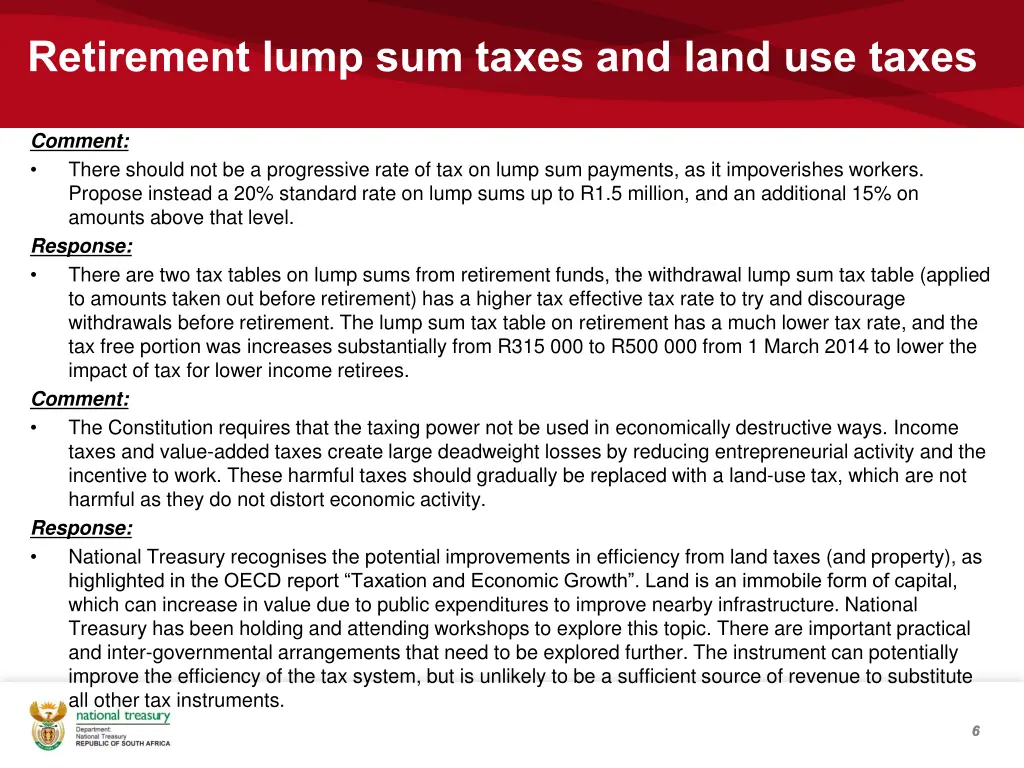 retirement lump sum taxes and land use taxes