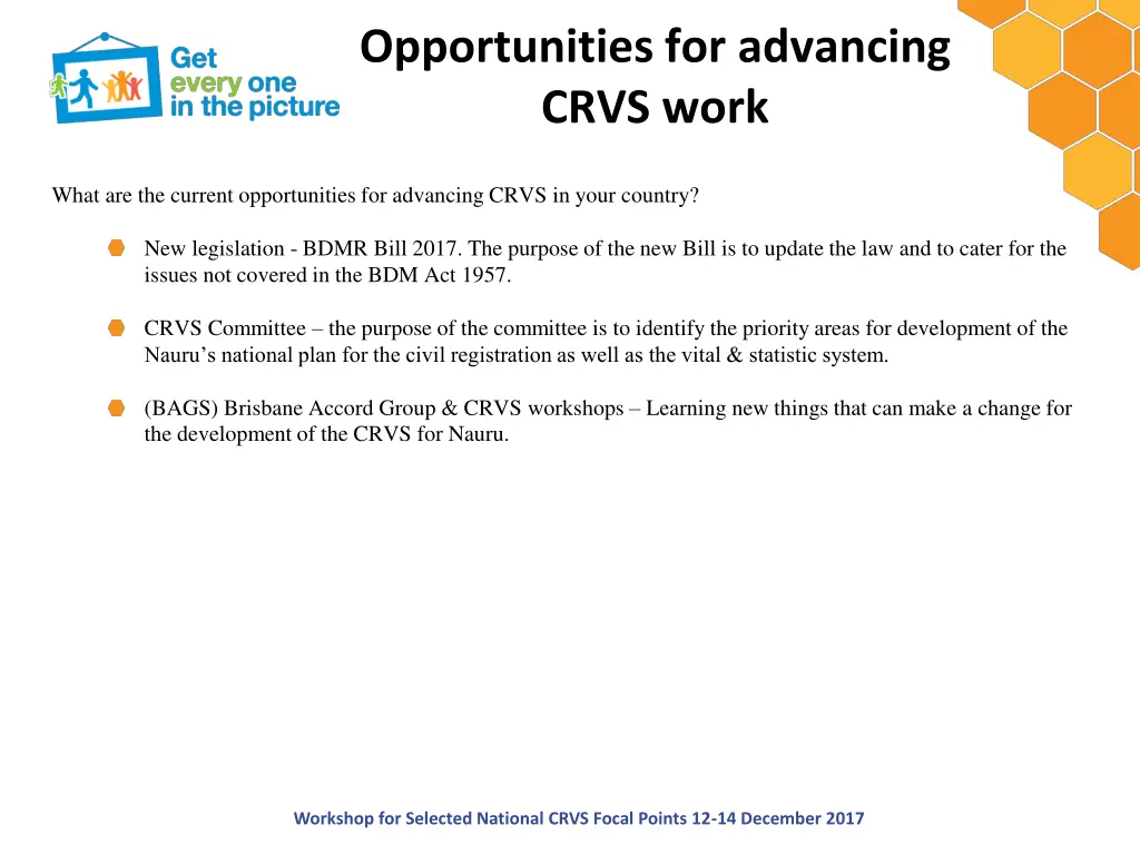 opportunities for advancing crvs work