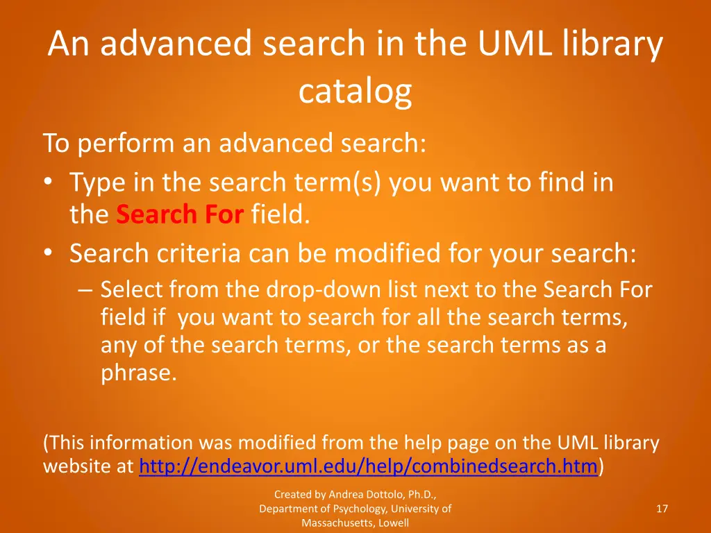 an advanced search in the uml library catalog 1