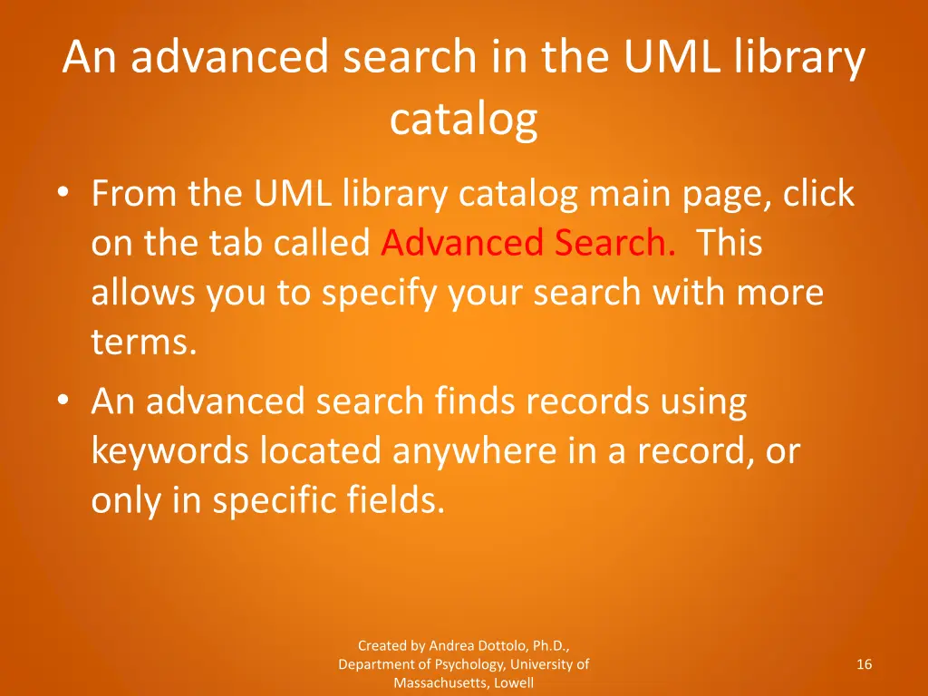 an advanced search in the uml library catalog
