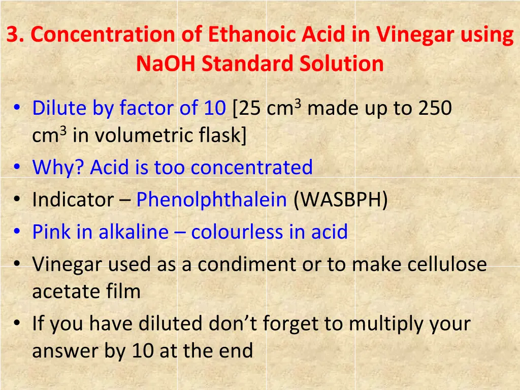 3 concentration of ethanoic acid in vinegar using