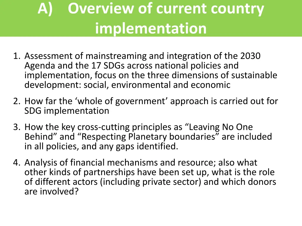 a overview of current country implementation