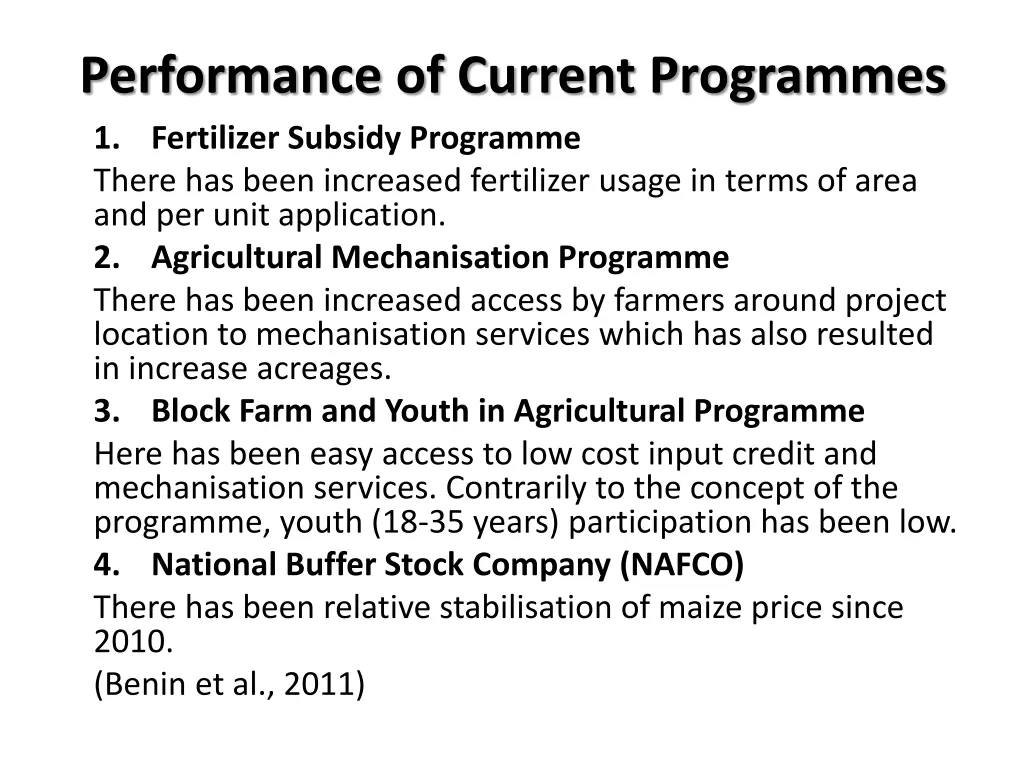 performance of current programmes 1 fertilizer
