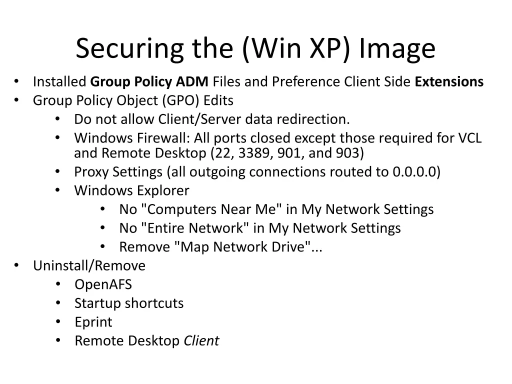 securing the win xp image installed group policy