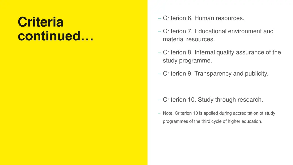 criteria continued