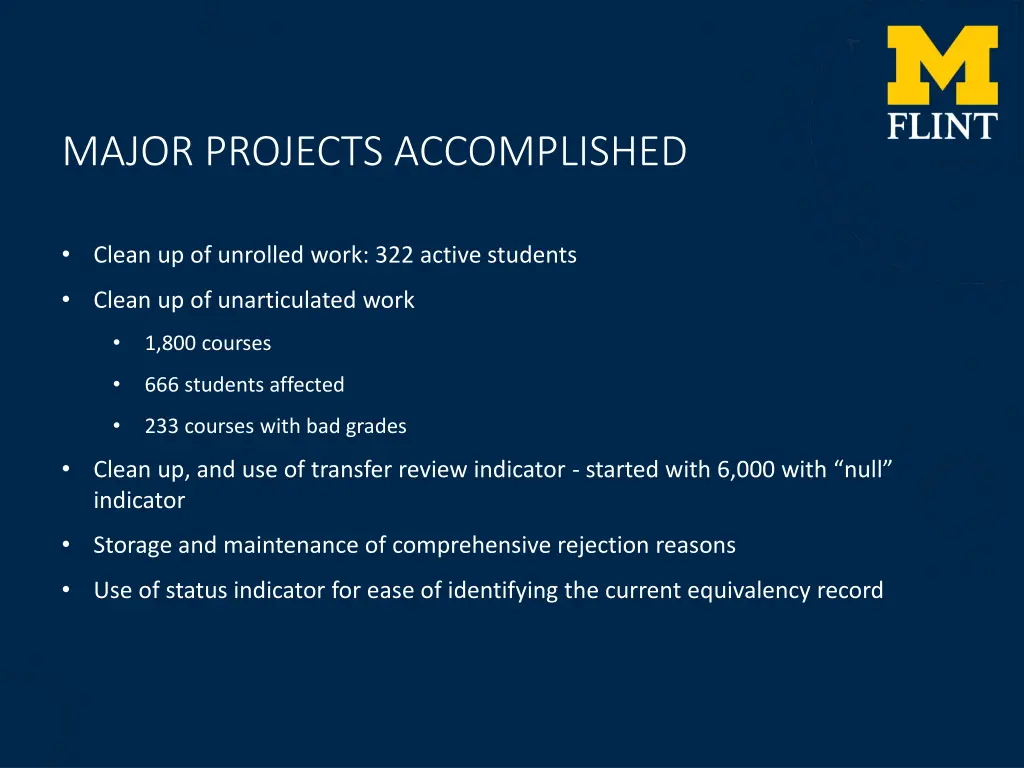 major projects accomplished