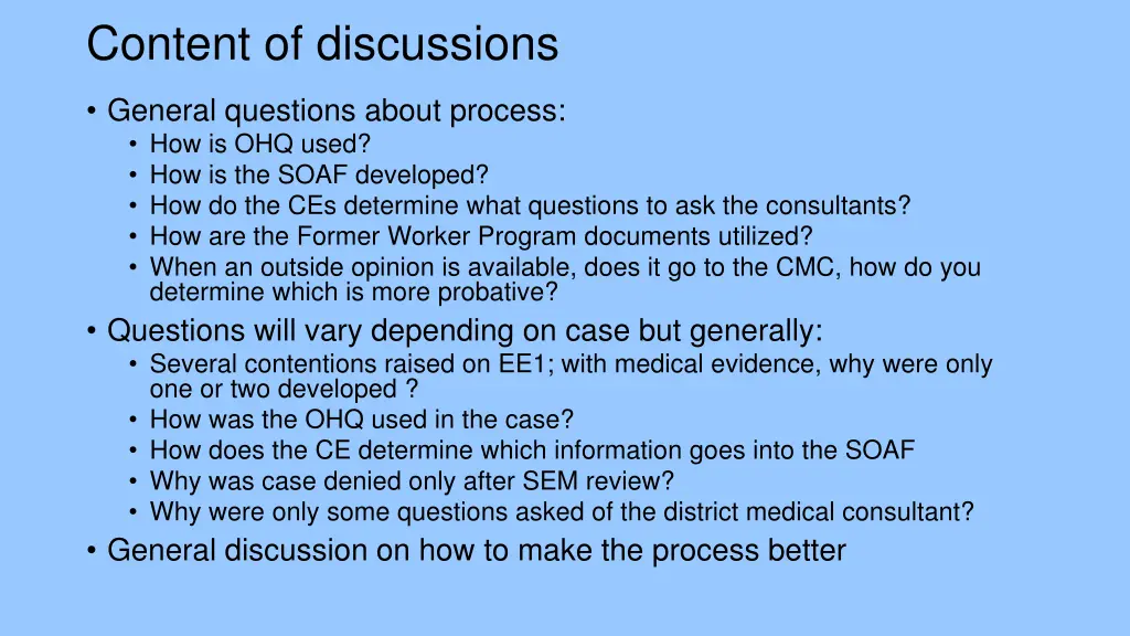 content of discussions