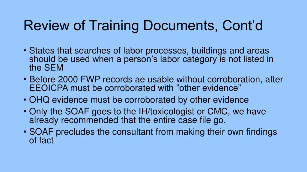 review of training documents cont d