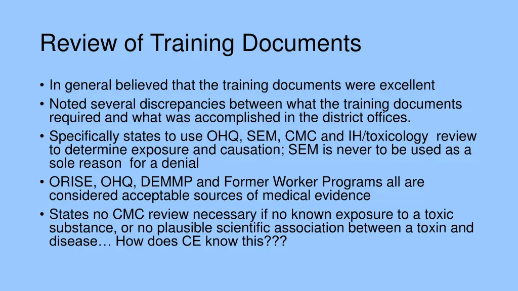 review of training documents
