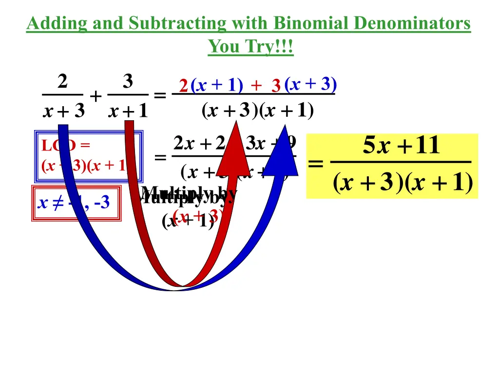 adding and subtracting with binomial denominators