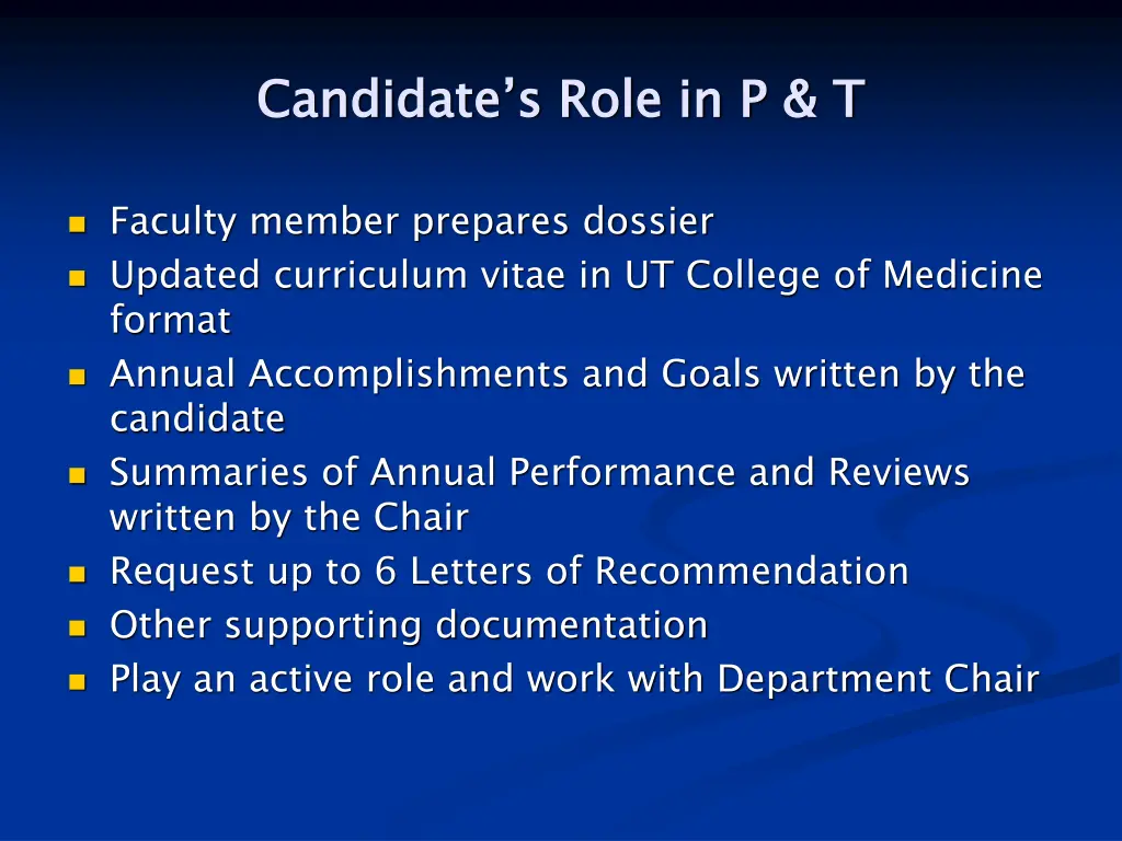 candidate s role in p t