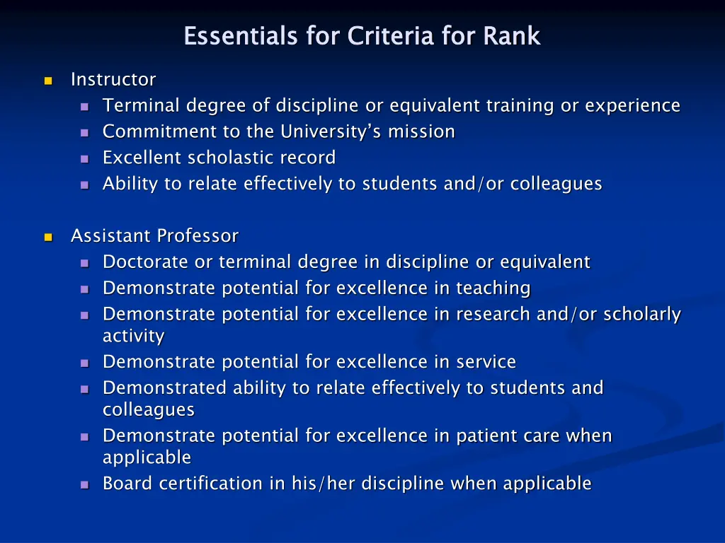 essentials for criteria for rank