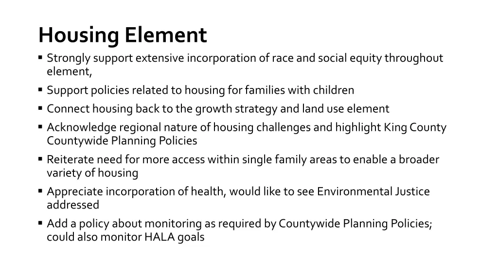 housing element strongly support extensive