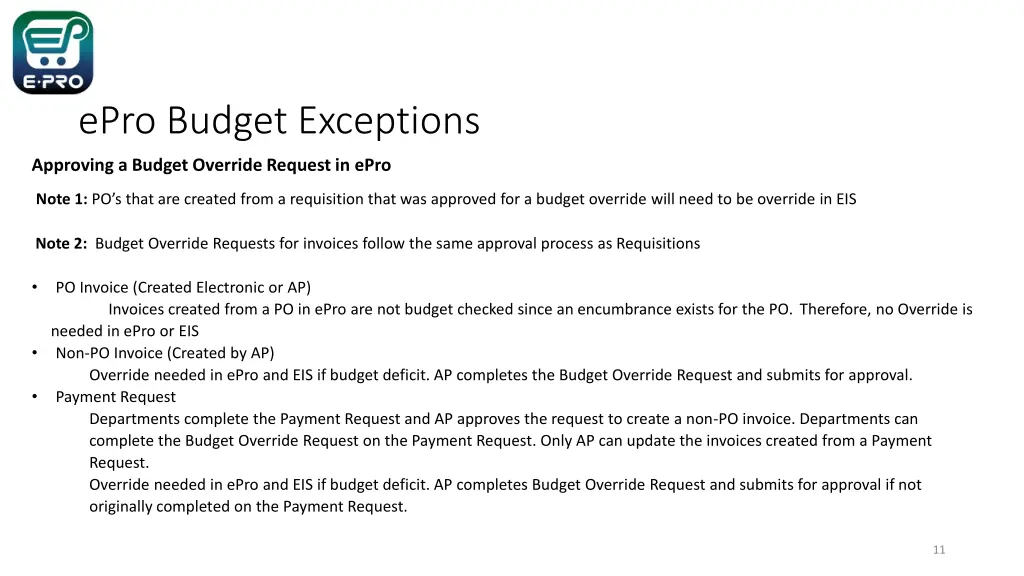 epro budget exceptions 9