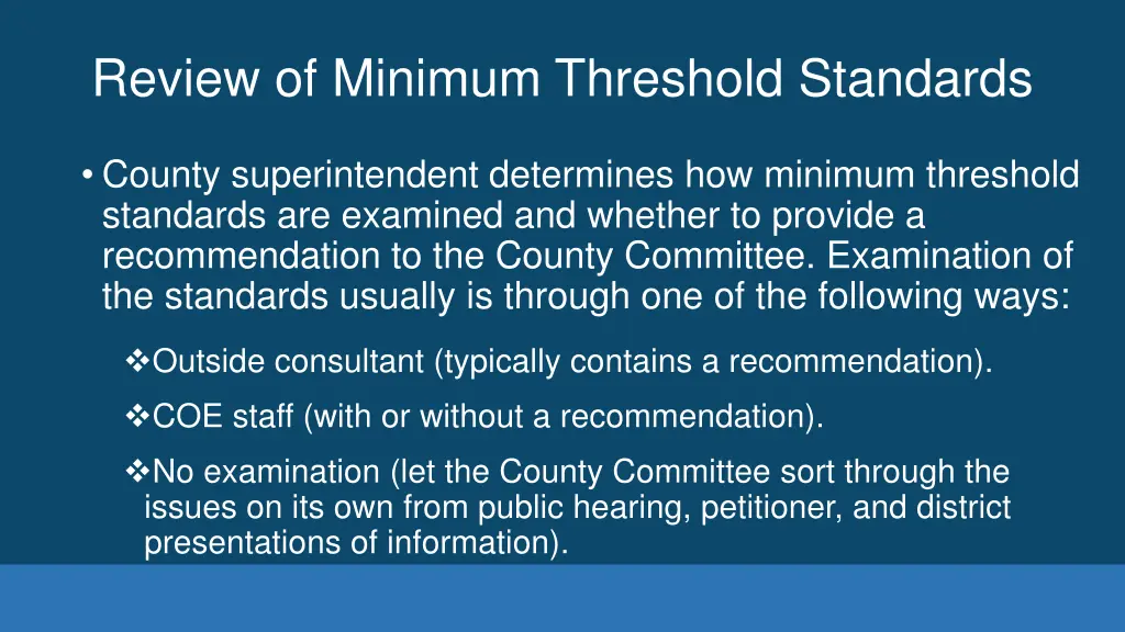 review of minimum threshold standards