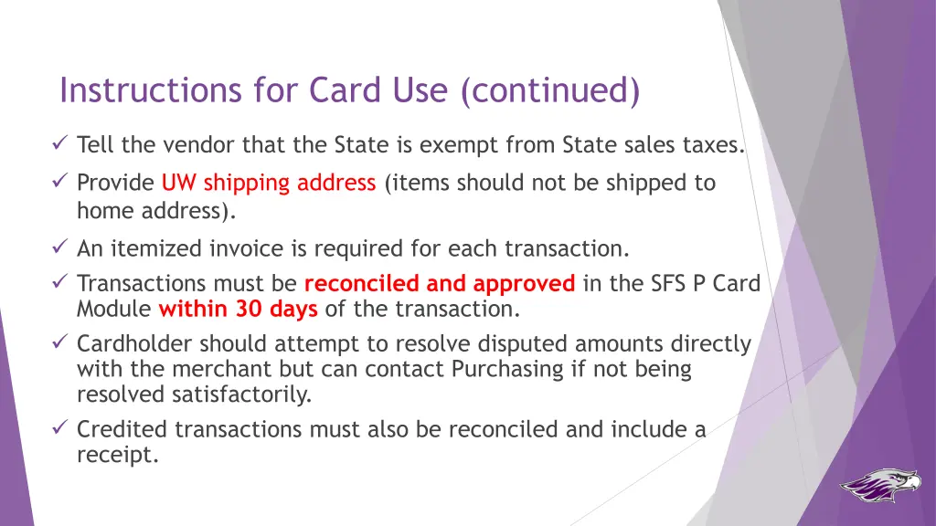 instructions for card use continued