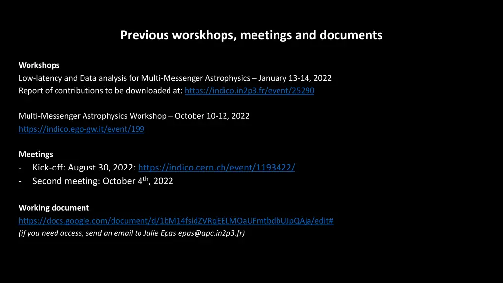 previous worskhops meetings and documents