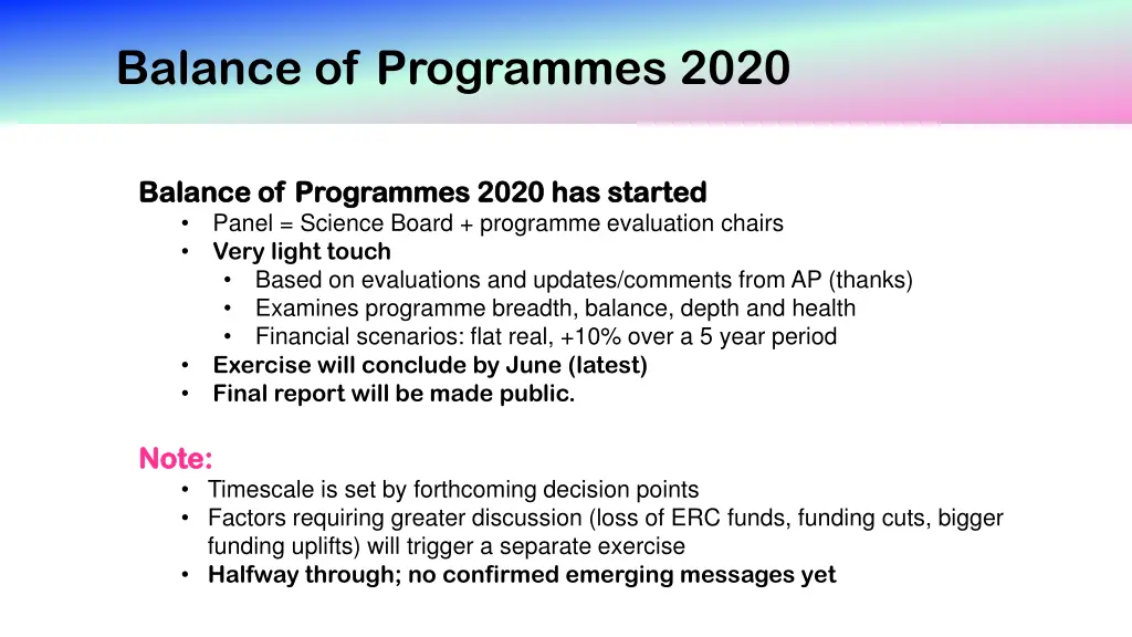 balance of programmes 2020