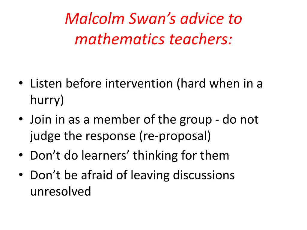 malcolm swan s advice to mathematics teachers