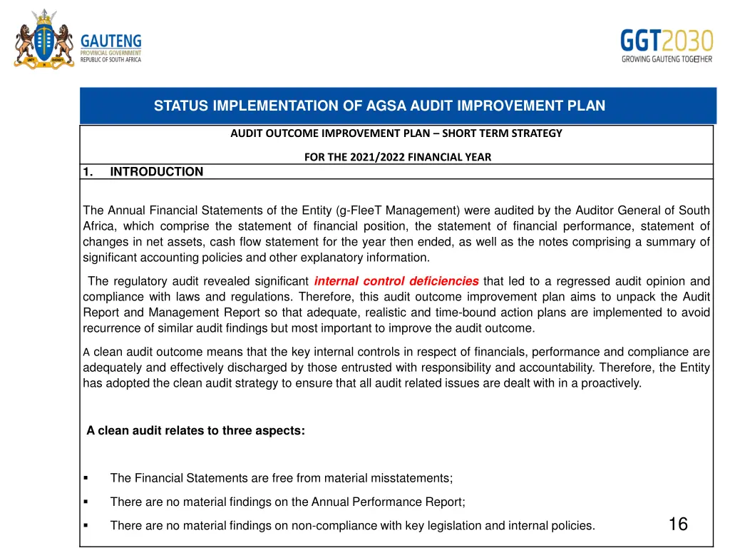 status implementation of agsa audit improvement