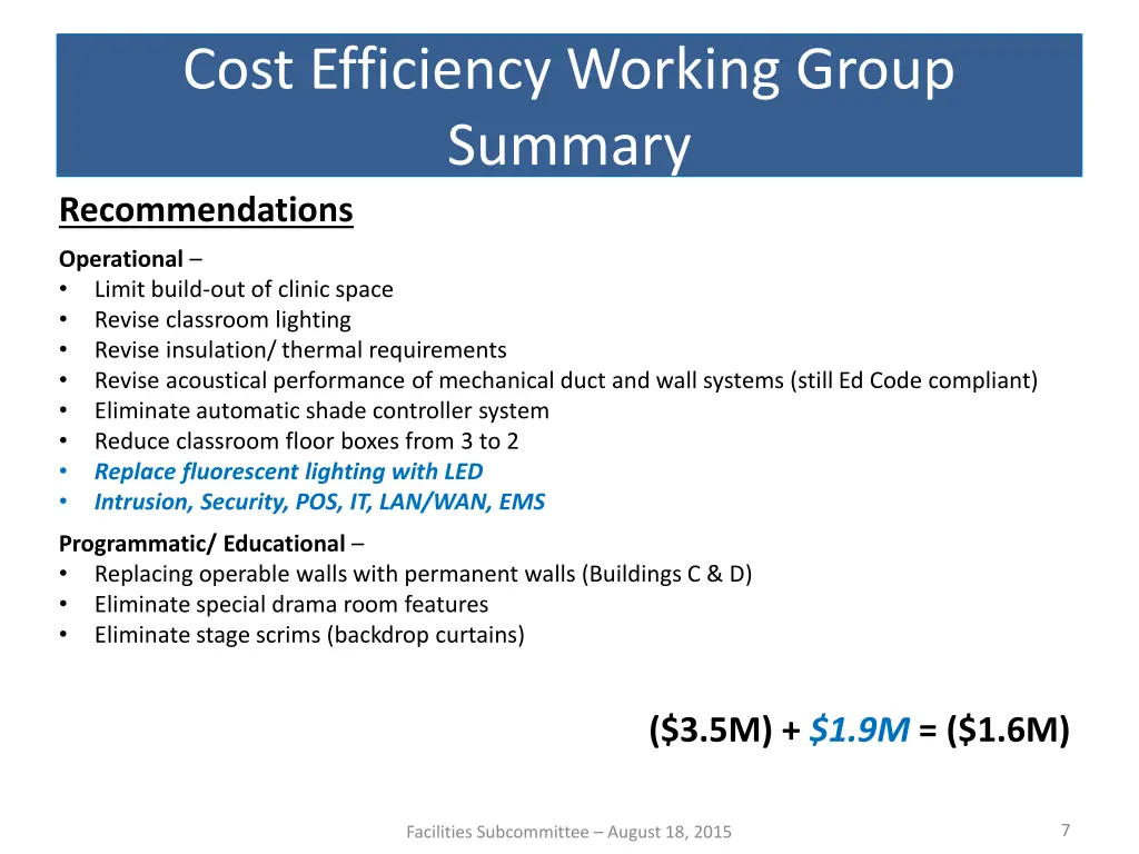 cost efficiency working group summary 2