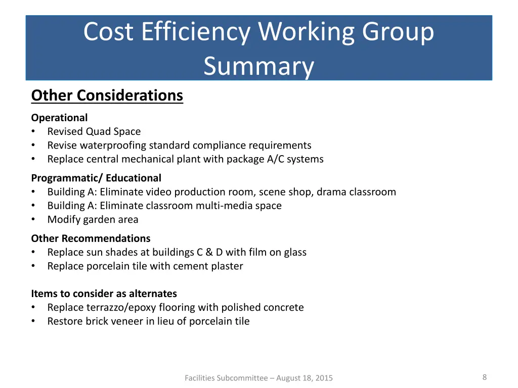 cost efficiency working group summary other
